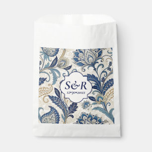 Monogram Blue & Cream Damask Floral Wedding Favour Bags