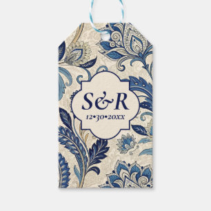 Monogram Blue & Cream Damask Floral Wedding Gift Tags
