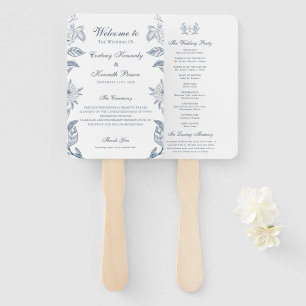 Monogram Blue Crest French Toile Wedding Program Hand Fan