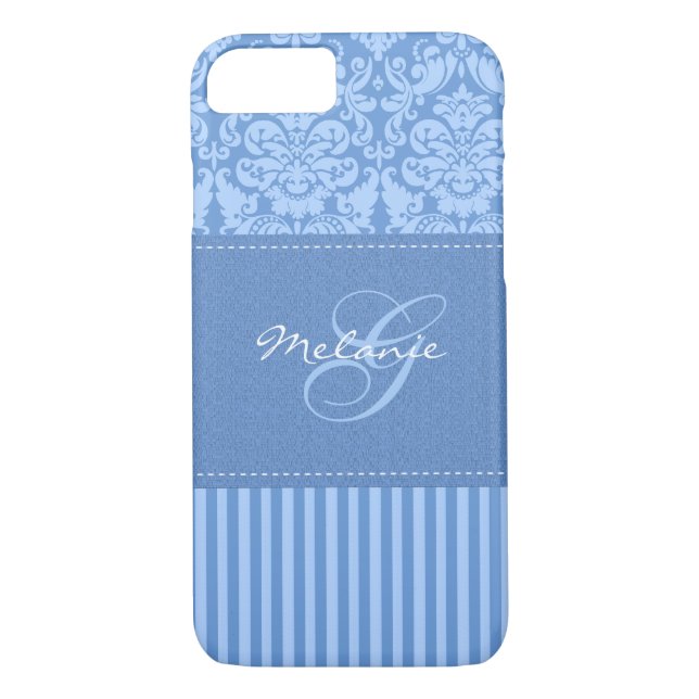 Monogram Blue Damask Stripe iPhone 7 Case (Back)