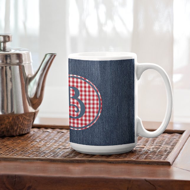 Monogram, Blue Denim Red White Check 15oz Coffee Mug (Creator Uploaded)