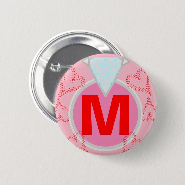 Monogram Blue Diamond Red Hearts 6 Cm Round Badge (Front & Back)