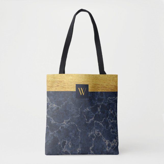 Monogram Blue Faux Marble & Gold Texture Pattern Tote Bag (Front)