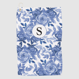 Monogram Blue Floral Botanical Pattern Golf Towel