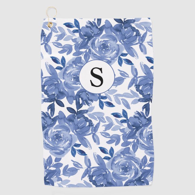 Monogram Blue Floral Botanical Pattern  Golf Towel (Front)