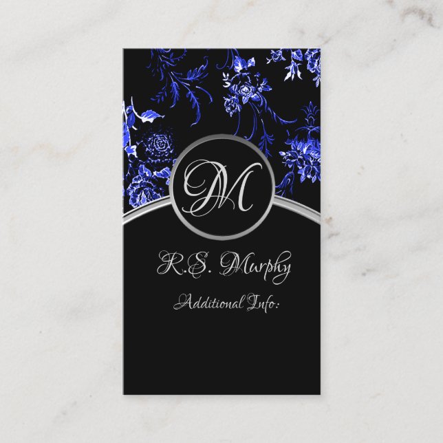 Monogram Blue Floral Business Card 3 (Front)