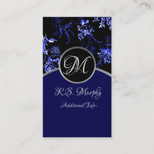 Monogram Blue Floral Business Card 4 (Front)