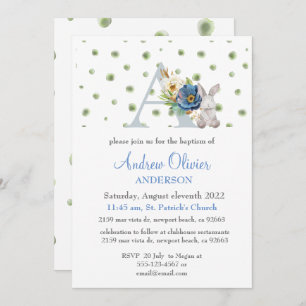 Monogram Blue Floral Greenery Baptism Boy Invitation