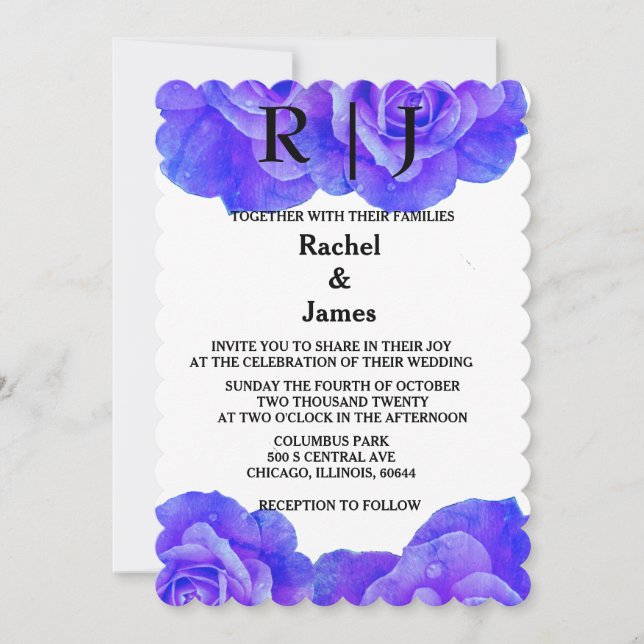 Monogram Blue Floral Rose Flowers Blooms Wedding Invitation (Front)