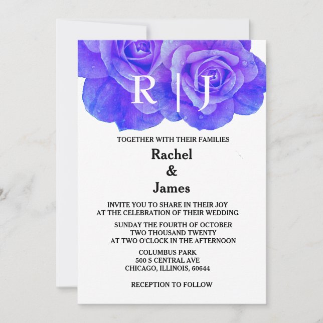 Monogram Blue Floral Rose Flowers Elegant Wedding Invitation (Front)