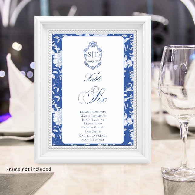 Monogram Blue Floral Script Six 8 Names Table Number (Creator Uploaded)