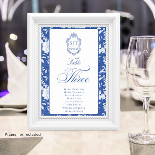 Monogram Blue Floral Script Three 8 Names Table Number