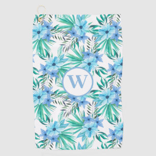 Monogram Blue Floral Tropical Botanical Golf Towel