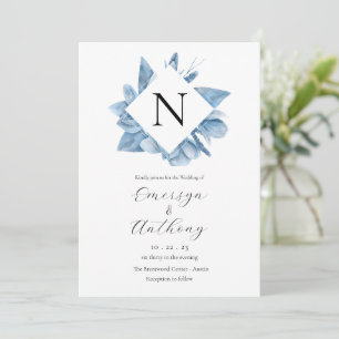 Monogram Blue Floral Watercolor Wedding Invitation