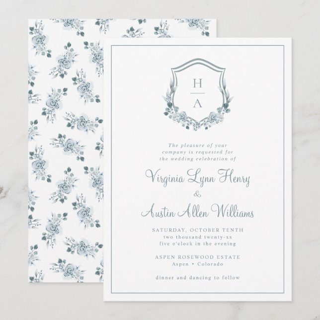 Monogram Blue Floral Wedding Invitation (Front/Back)