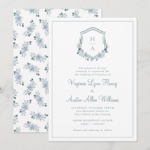 Monogram Blue Floral Wedding Invitation