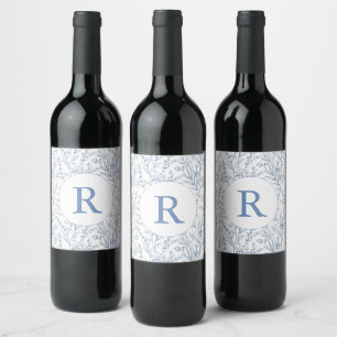 Monogram Blue French Floral Toile Wine Label