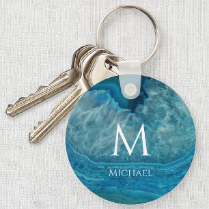 Monogram Blue Geode Initial & Name Modern Agate Key Ring