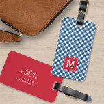 Monogram Blue Gingham and Red Luggage Tag<br><div class="desc">Travel in style with this stylish monogram luggage tag featuring a red square against a blue gingham pattern on the front with a match red back side.. Personalise it by replacing the placeholder text. For more options such as to change the font and it's size/colour or the spacing between letters...</div>