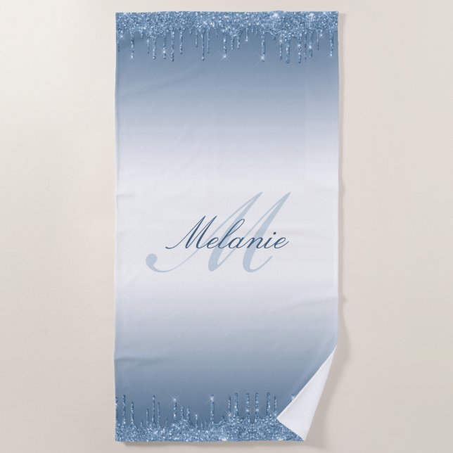 monogram blue glitter drips beach towel (Front)
