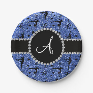 Monogram blue glitter gymnastics hearts paper plate