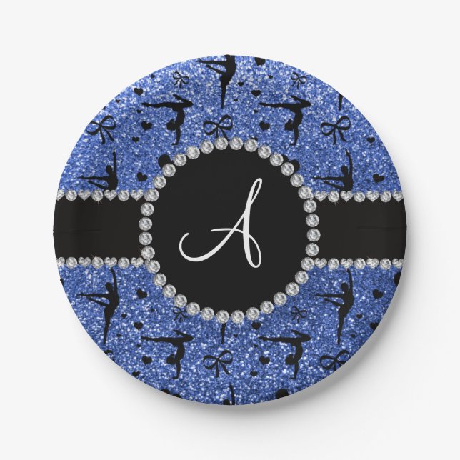 Monogram blue glitter gymnastics hearts paper plate (Front)