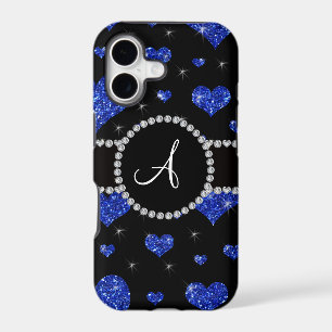 Monogram blue glitter hearts black diamonds circle