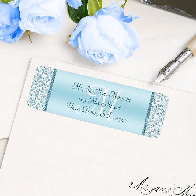 Monogram Blue Glitter Wedding Return Address (Creator Uploaded)