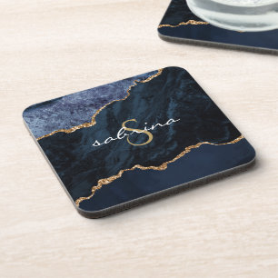 Monogram Blue Gold Agate Geode Coaster