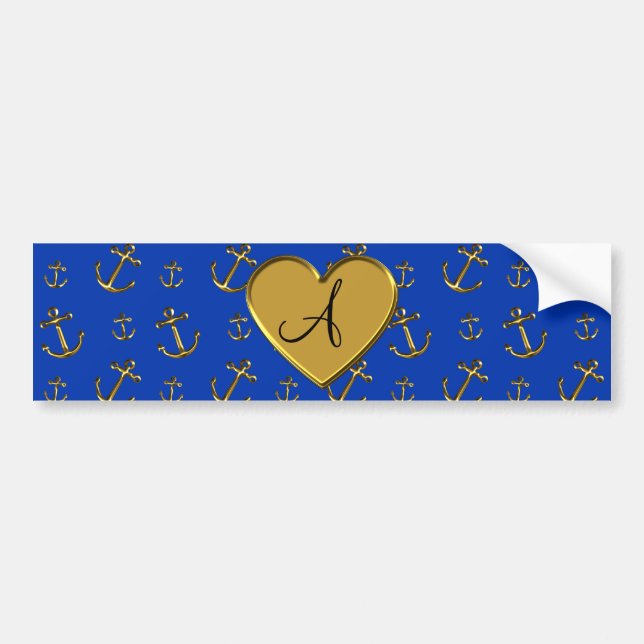 Monogram blue gold anchors bumper sticker (Front)