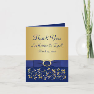 Monogram Blue, Gold Floral Thank You Card