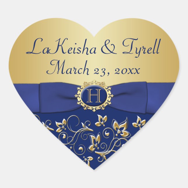 Monogram Blue, Gold Floral Wedding Favour Sticker (Front)
