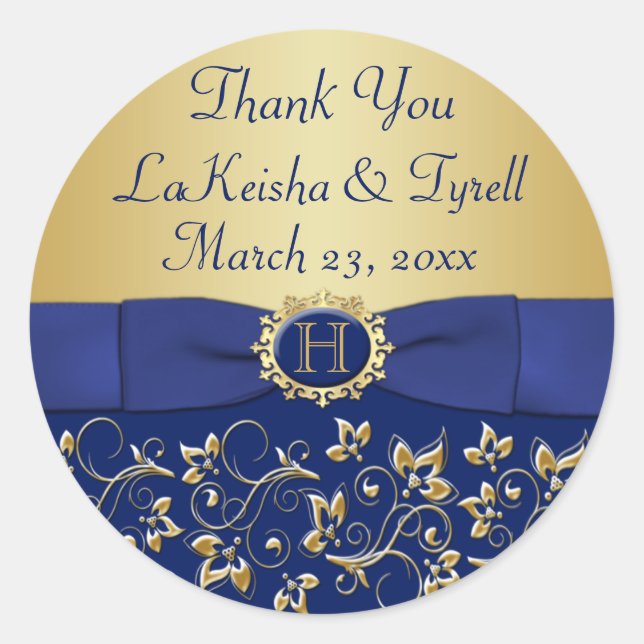 Monogram Blue, Gold Floral Wedding Favour Sticker (Front)