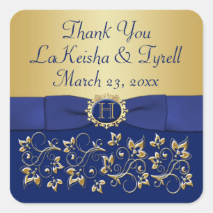 Monogram Blue, Gold Floral Wedding Favour Sticker