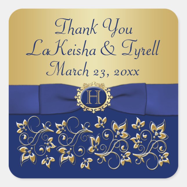Monogram Blue, Gold Floral Wedding Favour Sticker (Front)
