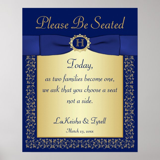 Monogram Blue, Gold Floral Wedding Sign for Church (Front)