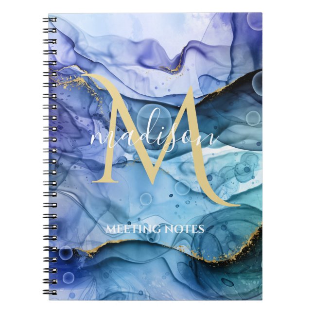 Monogram Blue & Gold Fluid Alcohol Ink Abstract Notebook (Front)
