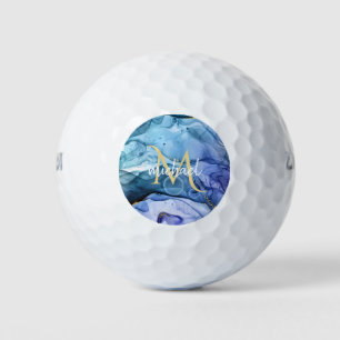 Monogram Blue & Gold Fluid Alcohol Ink Gel  Golf Balls