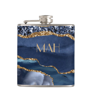 Monogram Blue Gold Glitter Agate Marble Glam Bling Hip Flask
