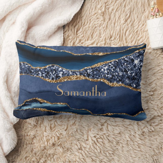 Monogram Blue Gold Glitter Agate Marble Glam Bling Lumbar Cushion (Blanket)