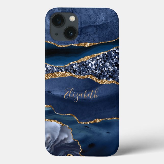Monogram Blue Gold Glitter Agate Marble Trendy Case-Mate iPhone Case (Back)
