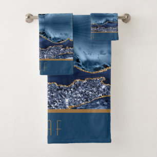 Monogram Blue Gold Glitter Agate Pattern Trendy Bath Towel Set