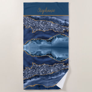 Monogram Blue Gold Glitter Agate Pattern Trendy  Beach Towel