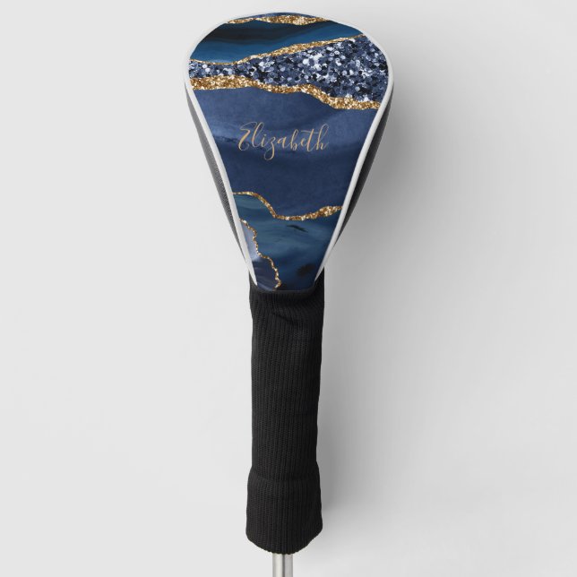 Monogram Blue Gold Glitter Agate Trendy Marble Golf Head Cover (Front)