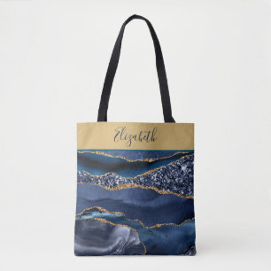 Monogram Blue Gold Glitter Agate Trendy Marble  Tote Bag