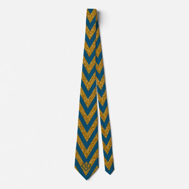 Monogram Blue & Gold Glitter Pattern Design Men Tie (Front)