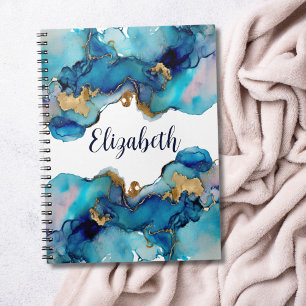 Monogram Blue Gold Wash Splash Watercolor Abstract Notebook