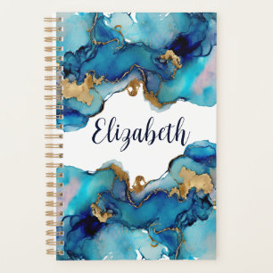 Monogram Blue Gold Wash Splash Watercolor Abstract Planner