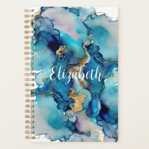 Monogram Blue Gold Wash Splash Watercolor Abstract Planner