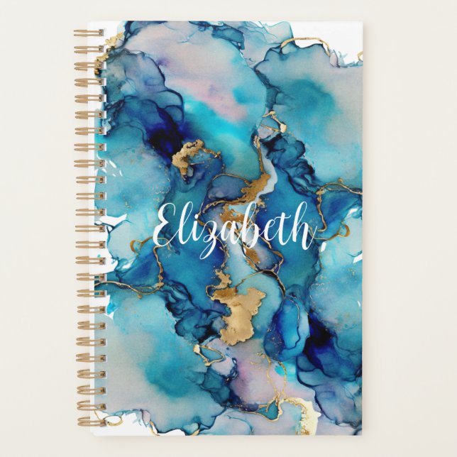 Monogram Blue Gold Wash Splash Watercolor Abstract Planner (Front)